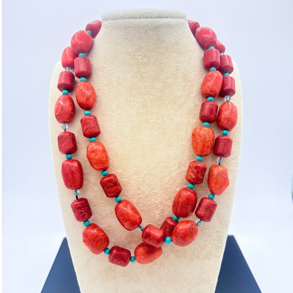 35” Sponge Coral Rope Necklace – Stabilized Coral, Glass & Crystal Accents